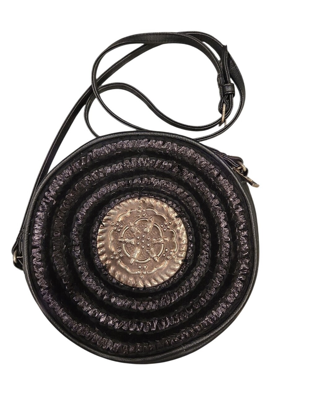 FREE PEOPLE  " TAMBOURINE ROUNDY" CROSSBODY BAG. BLACK AND SILVER
